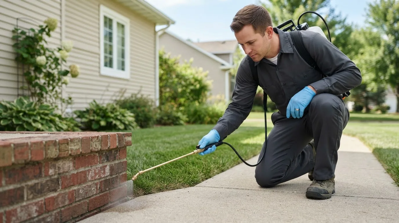 Pest control technician treating a home near Loyalhanna, PA